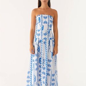 Peppermayo Strapless Floral Dress in Blue and White